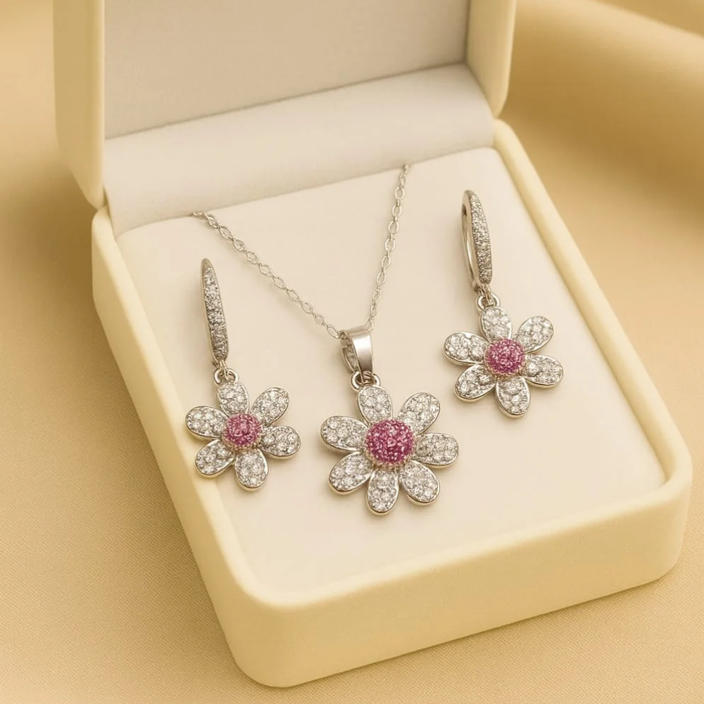 Silver Floral Zircon Jewelry Set