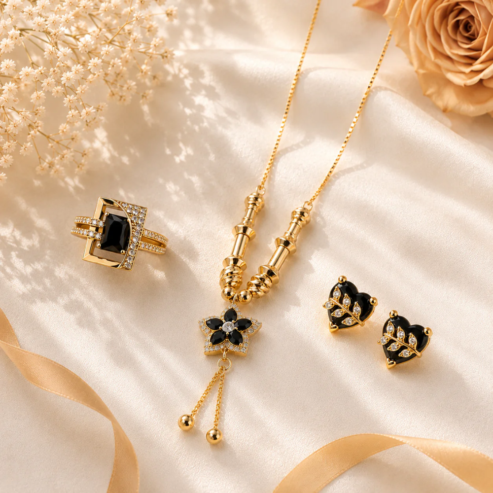 Luxury Black Floral Gold-Plated Jewelry Set
