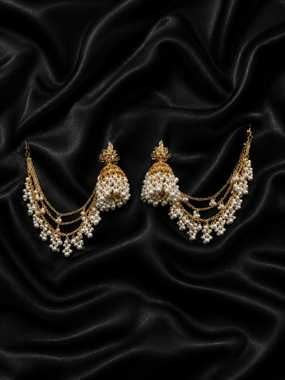 F. Jeweler Royal Pearl bahu bali jhumka with ear chain