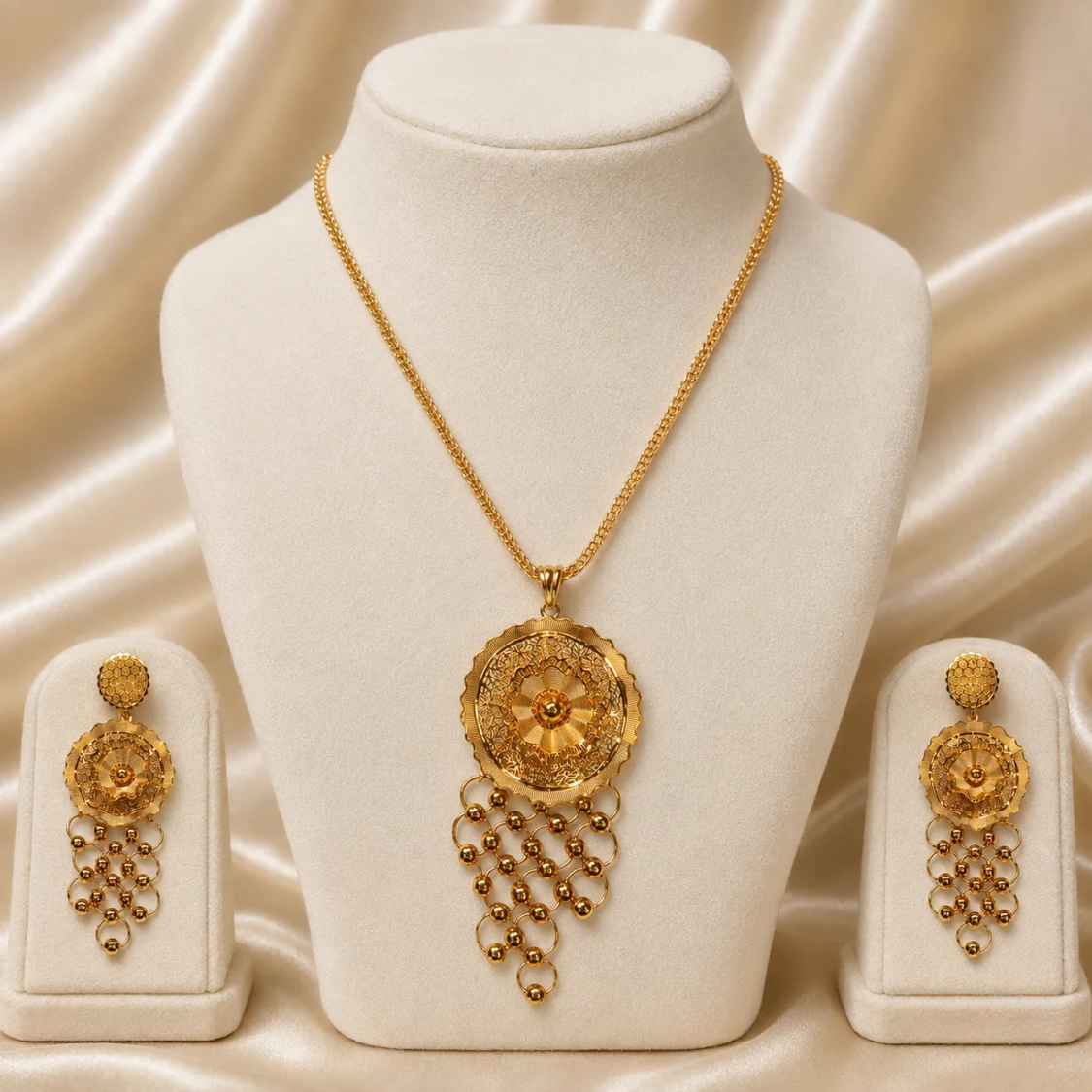 Luxury Gold-Plated Round Pendant Necklace & Earrings Set – 2 Pcs