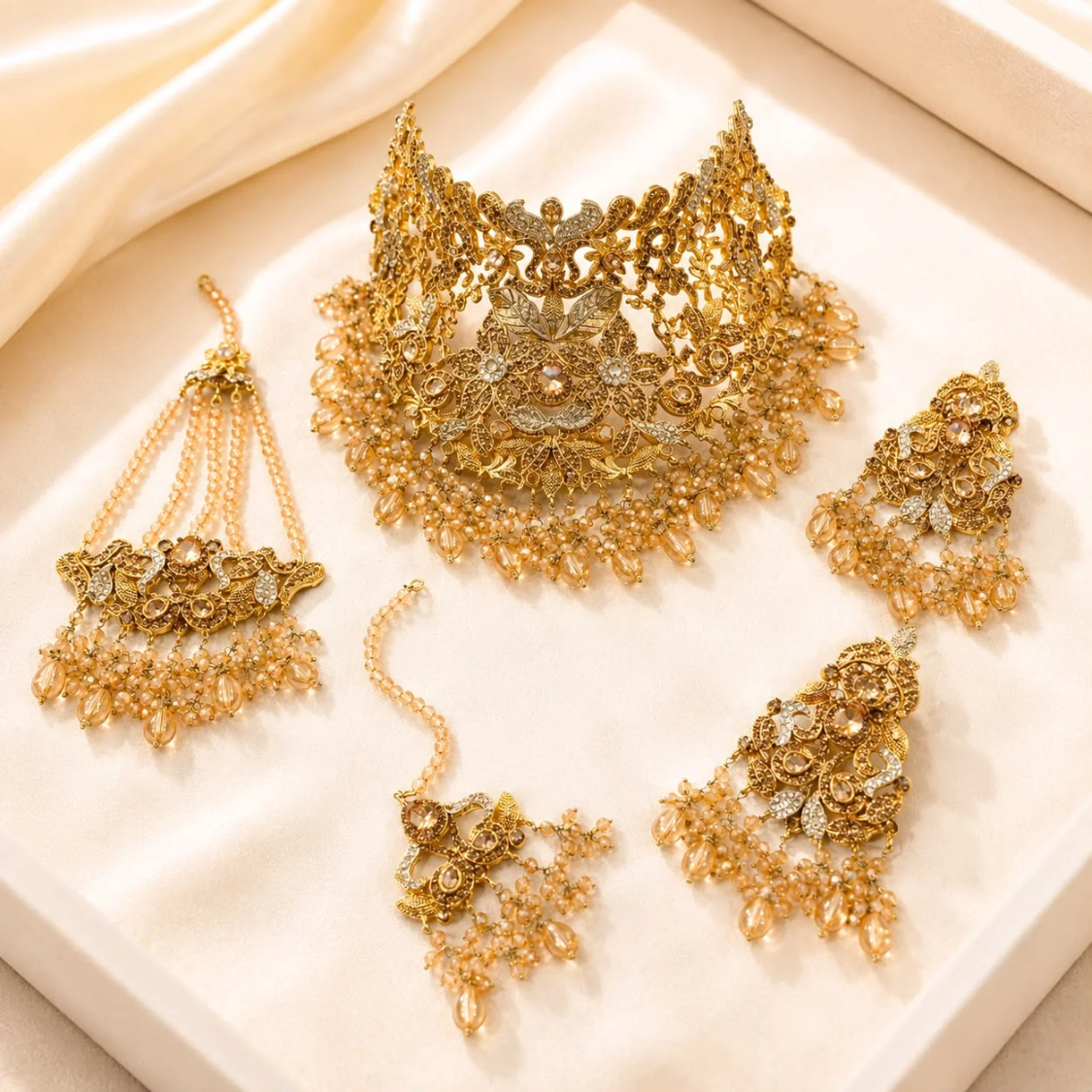 Luxury Gold-Plated Champagne Pearl Bridal Jewelry Set – 5 Pcs