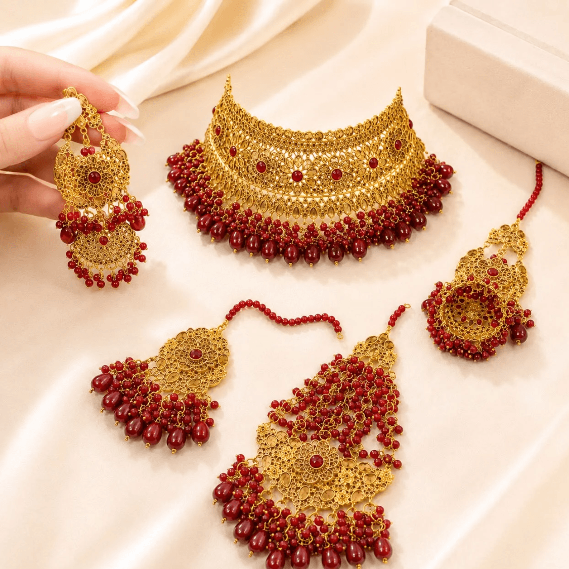 Luxury Gold-Plated Ruby Red Bridal Jewelry Set – 4 Pcs