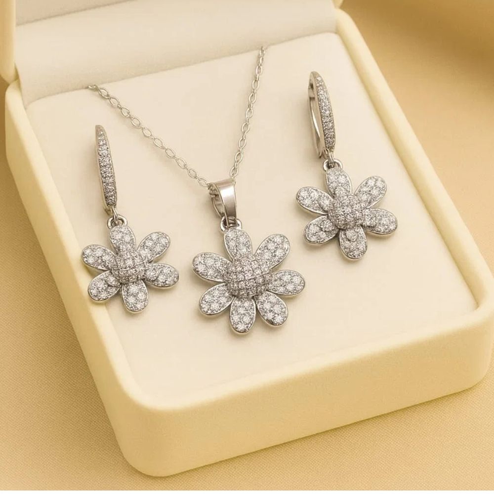 Silver Floral Zircon Jewelry Set