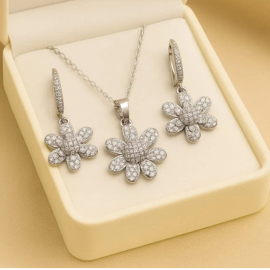 Silver Floral Zircon Jewelry Set