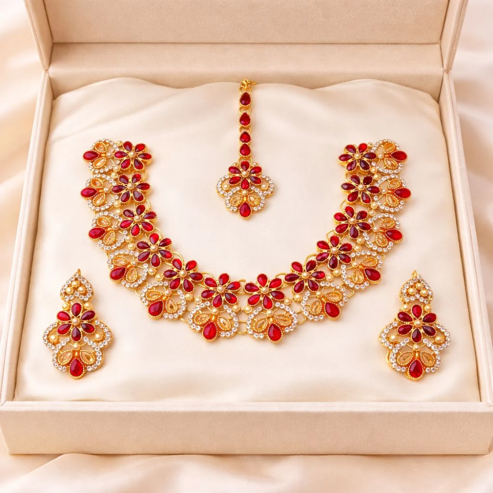 Royal Ruby Floral Bridal Jewelry Set
