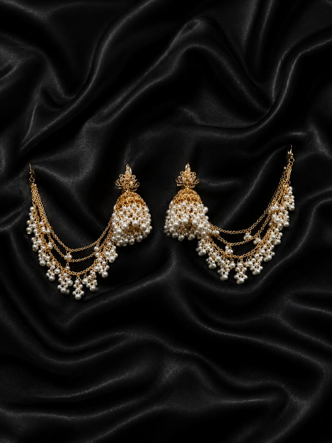 F. Jeweler Royal Pearl bahu bali jhumka with ear chain