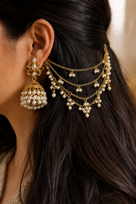 F. Jeweler Royal Pearl bahu bali jhumka with ear chain