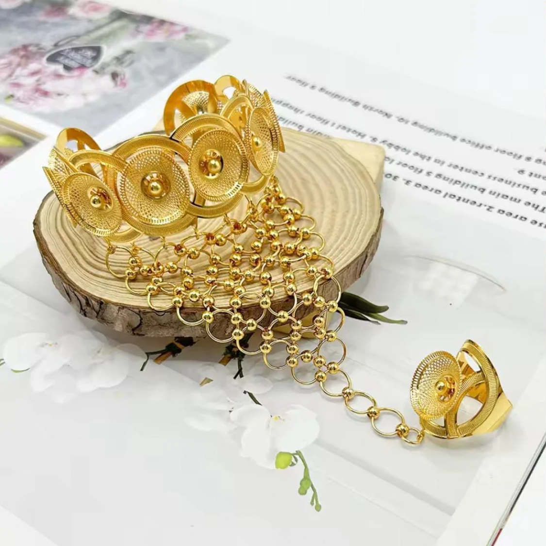 Vintage Gold Floral Hand Harness Bracelet Ring