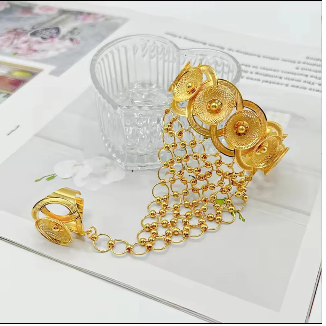 Vintage Gold Floral Hand Harness Bracelet Ring