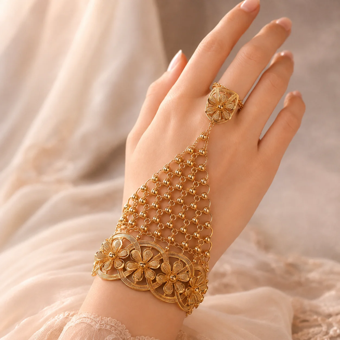 Vintage Gold Floral Hand Harness Bracelet Ring