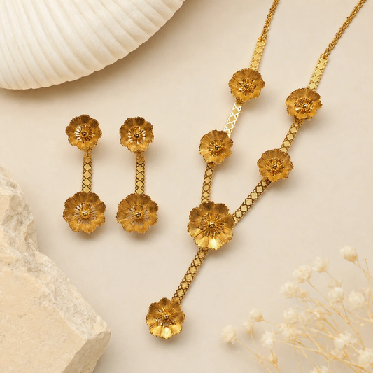 Elegant Floral Gold Plated Necklace & Earrings Set