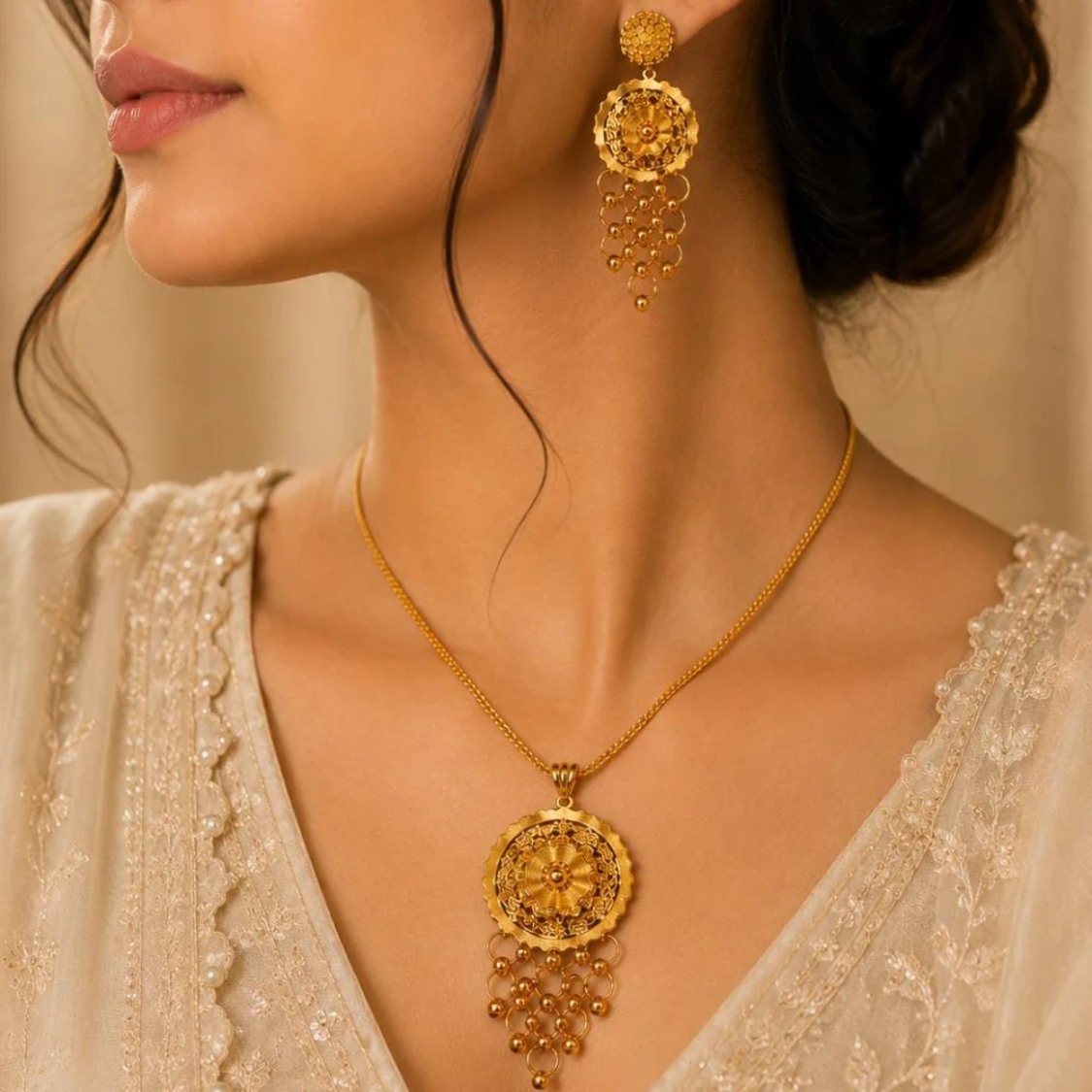 Luxury Gold-Plated Round Pendant Necklace & Earrings Set – 2 Pcs