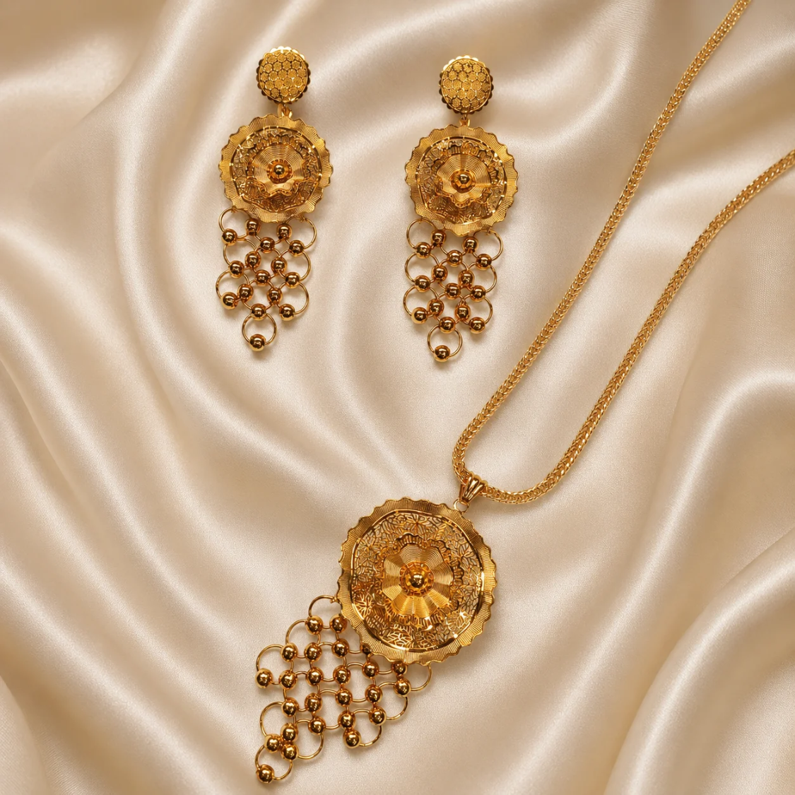 Luxury Gold-Plated Round Pendant Necklace & Earrings Set – 2 Pcs