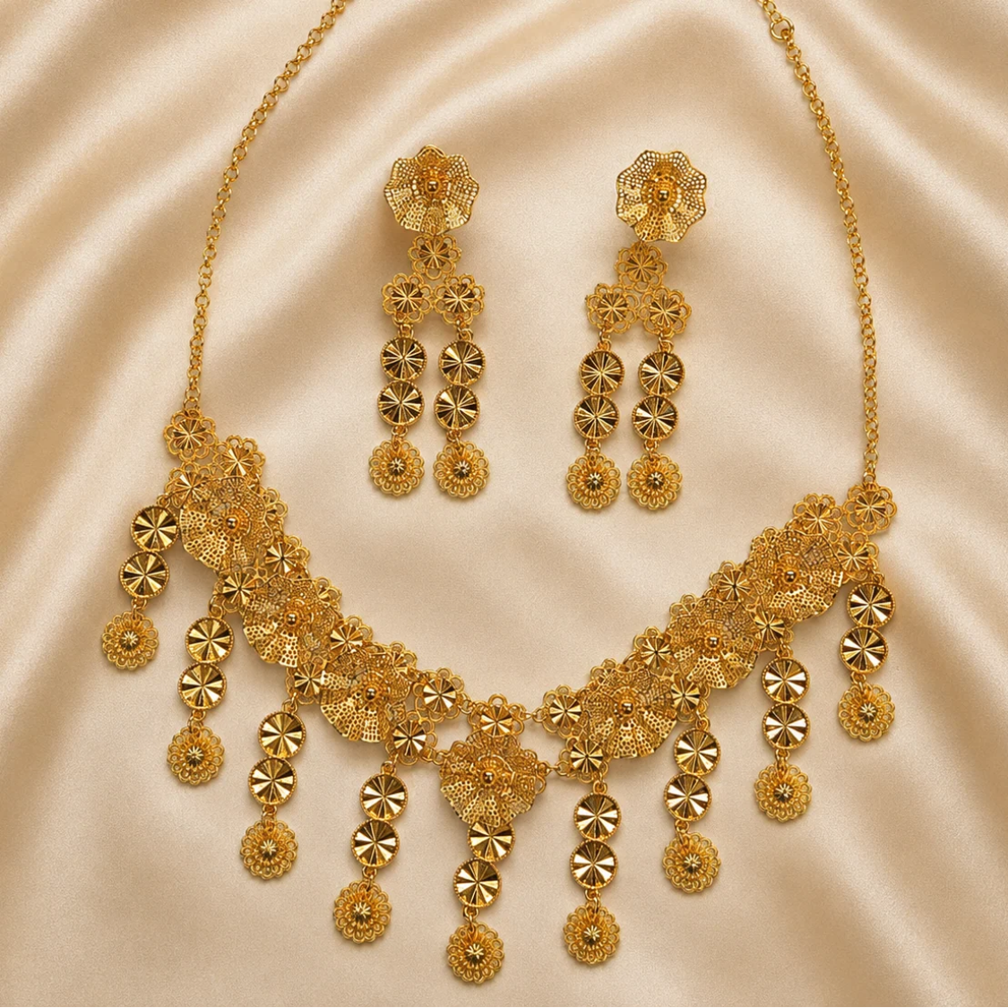 Luxury Gold-Plated Floral Dangle Necklace Set – 2 Pcs
