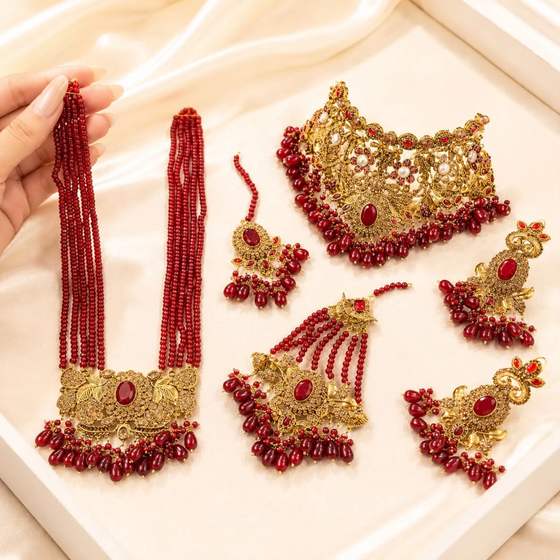 Luxury Gold-Plated Ruby Red Bridal Jewelry Set – 6 Pcs