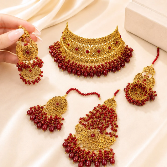 Luxury Gold-Plated Ruby Red Bridal Jewelry Set – 4 Pcs