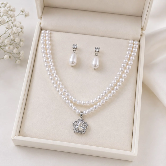 Luxury Double Pearl Crystal Bridal Jewelry Set